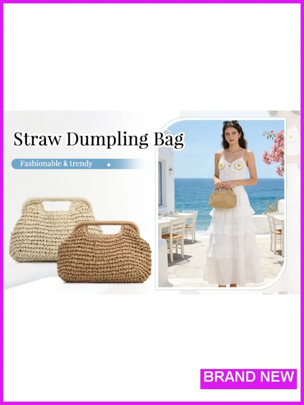 Woven Straw Dumpling Clutch Bag with Detachable Chain, Summer Beach Clutch Purse